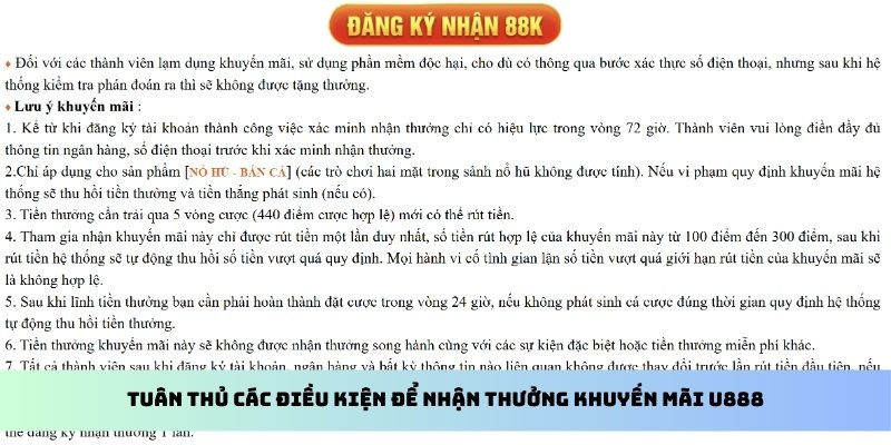 Tuân thủ các điều kiện để nhận thưởng khuyến mãi U888